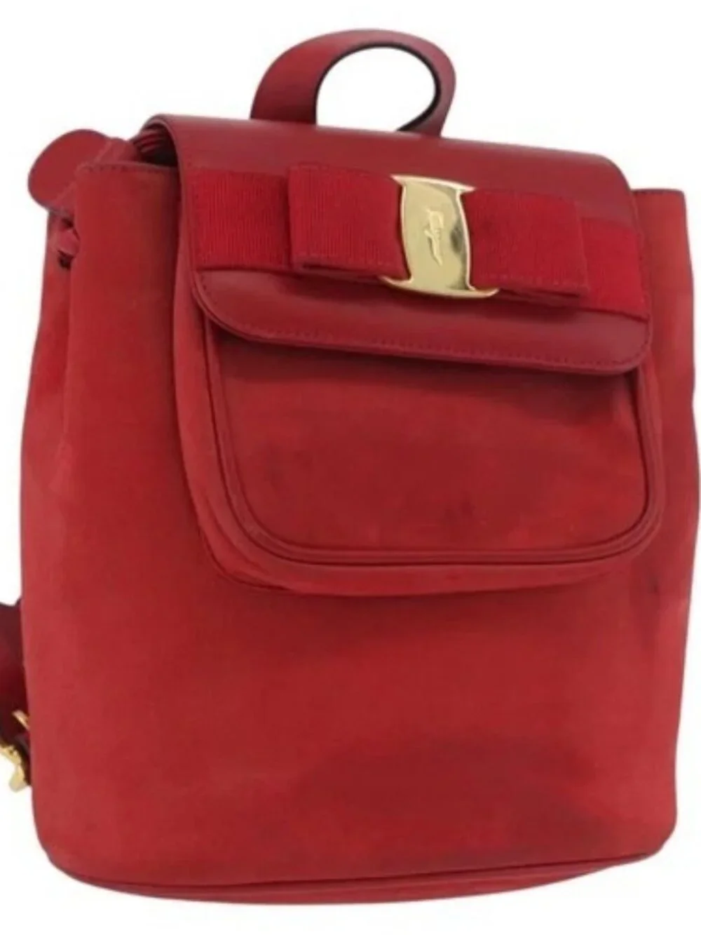 Salvatore Ferragamo Vala Backpack Suede Red Gold Auth BA11218